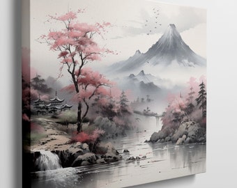 Majestic Oriental Landscape with Cherry Blossoms and Mountain Canvas Art