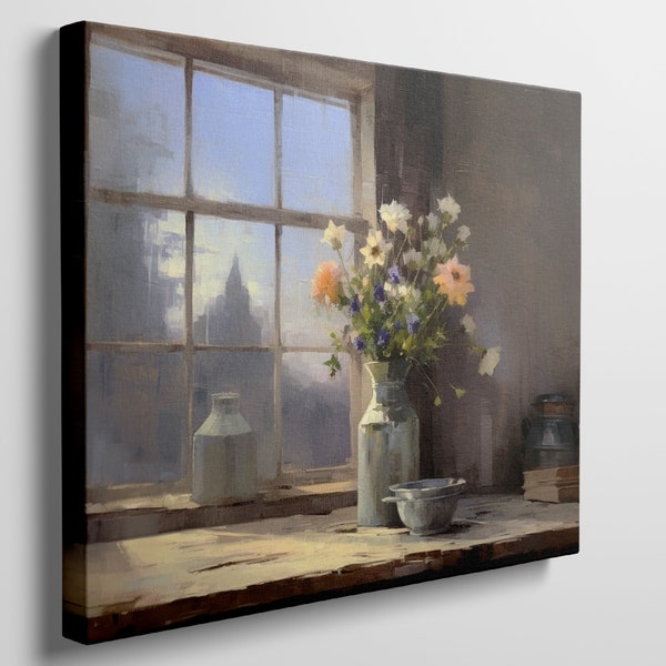 Ready to Hang Canvas Print - Idyllic Country Window Scene with Wildflowers & Vintage Objects