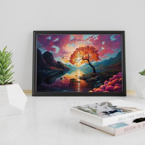 Autumn Landscape Art Print: Sunset Lake Reflections, Vibrant Wall Decor