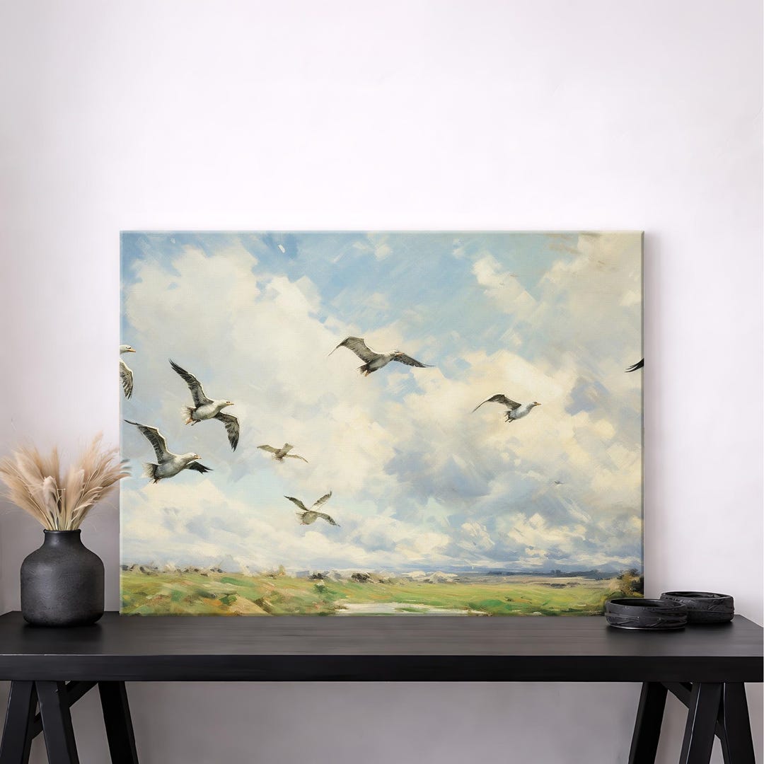Seagulls in Cloudy Sky Coastal Landscape Canvas Print - Etsy