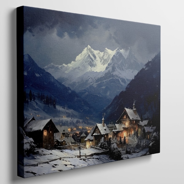 Enchanting Alpine Canvas Wall Art Print of Snow-Capped Mountains & Village