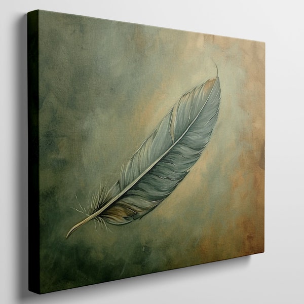 Ready to Hang Canvas Print - Serene Feather Illustration in Pastel Tones, Subtle Texture Wall Art