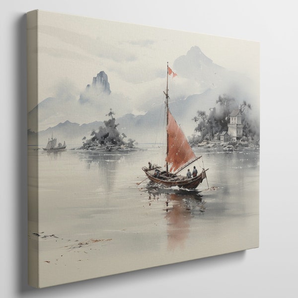 Ready to Hang Canvas Print of Traditional Asian Sailing Boat with Red Sail, Serene Mountain Landscape Wall Art