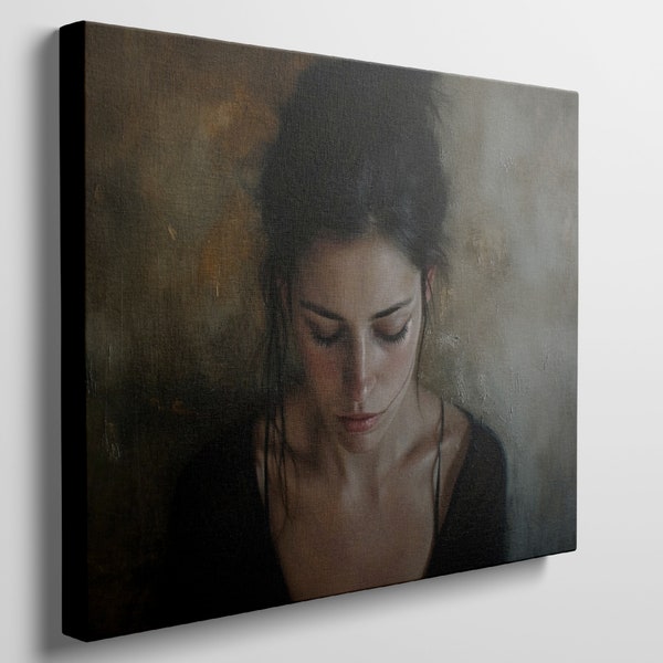 Ready to Hang Canvas Print of Solitary Woman - Chiaroscuro Portrait for Modern Interiors