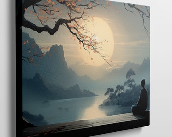 Ready to Hang Canvas Print of Tranquil Eastern Landscape with Meditating Figure - Zen Wall Art