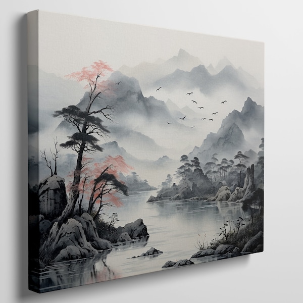 Serene Asian Mountain Landscape Canvas Wall Art Print, Misty Scenic Decor for Home