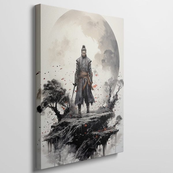 Ready to Hang Canvas Print of Samurai Warrior under Moonlight - Japanese Themed Ink Style Wall Art