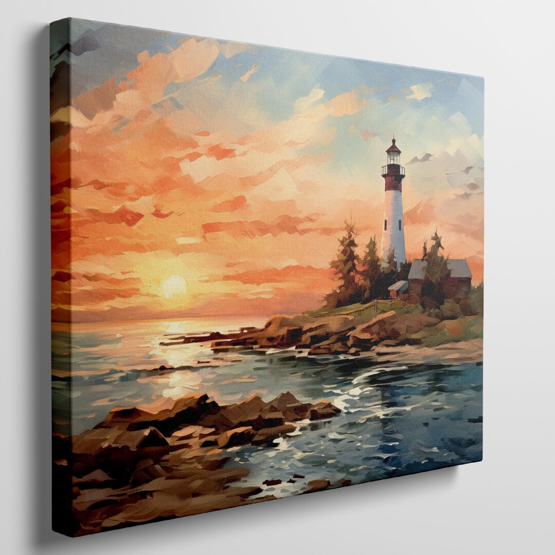 Tranquil Lighthouse Sunset Canvas Wall Art Print Coastal Seascape with ...