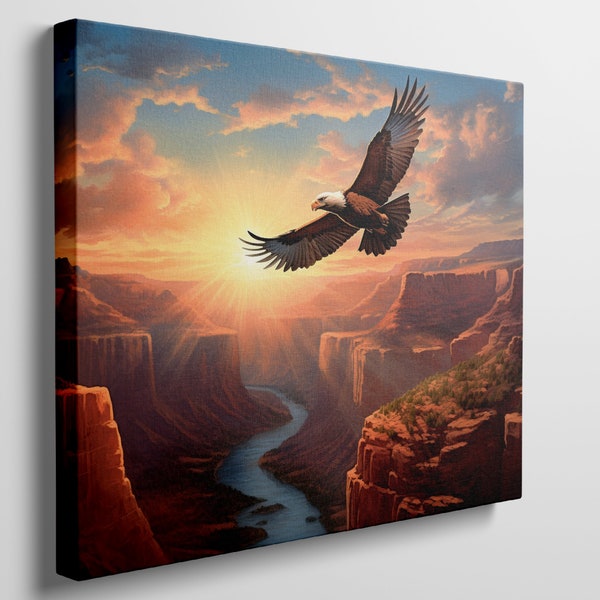 Majestic Eagle Soaring Over a Vibrant Canyon Sunset - Exclusive Framed Canvas for Nature Lovers