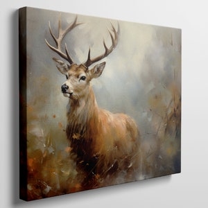 Impressionistischer Hirsch auf Leinwand, majestätische Hirsche im Herbst, rustikale Hauskunst, Waldtier-Wanddekoration, große Tierleinwand