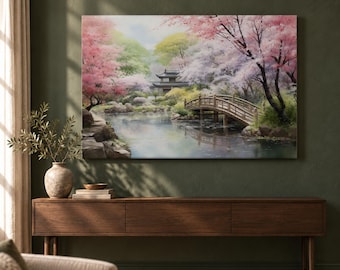 Japanese Garden Canvas Print, Cherry Blossom Bridge and Pond