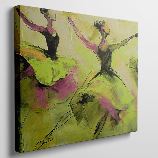 Ready to Hang Canvas Print - Elegant Ballet Dancers, Vivid Lime & Pink Highlights