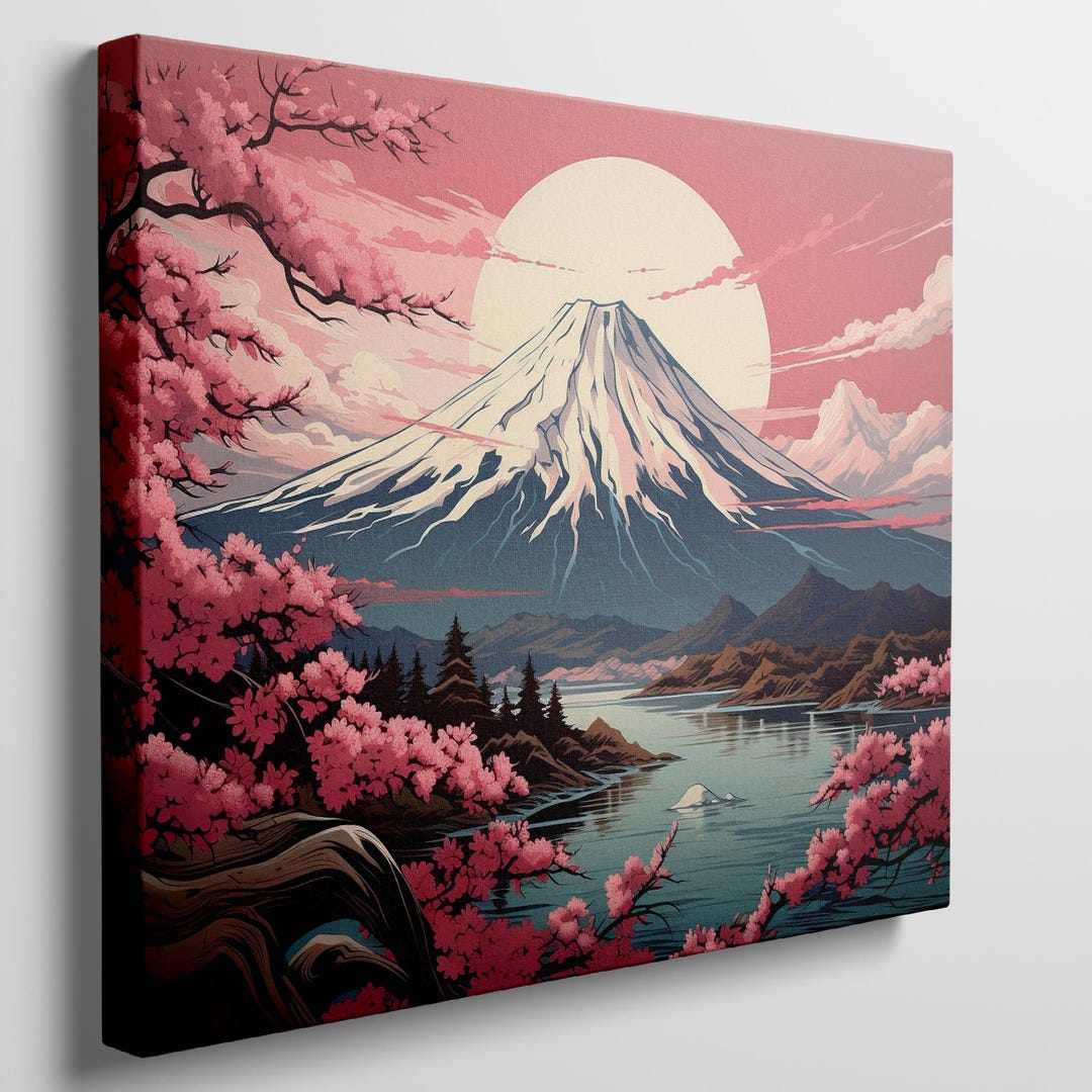 Japanese Cherry Blossom Canvas Print, Sunset Mountain Scene, Oriental ...
