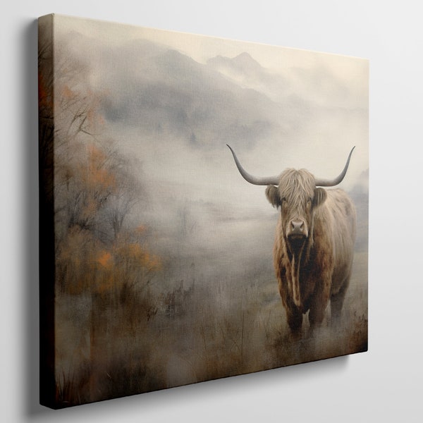 Majestic Highland Cow in Misty Autumn Meadow Canvas Wall Art Print for Rustic Decor