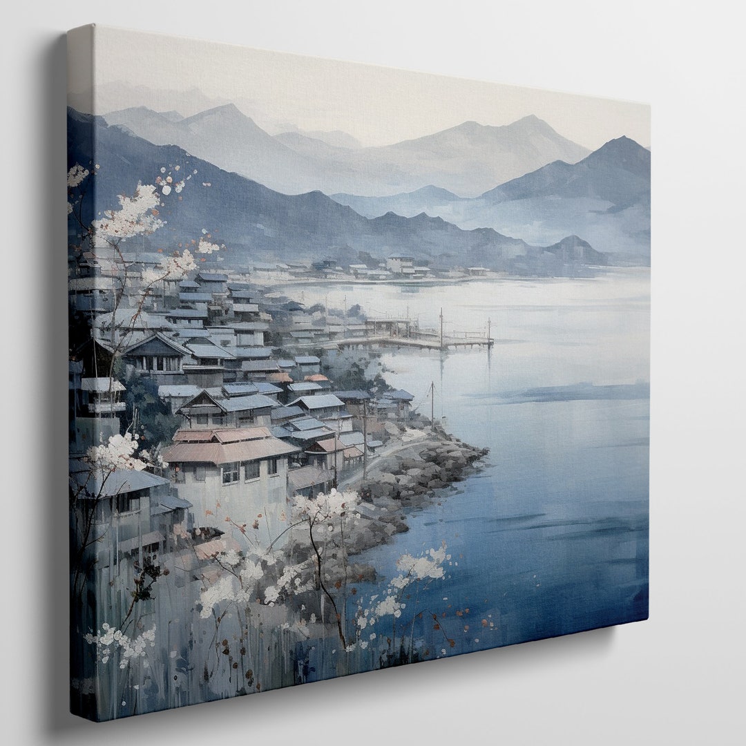 Serene Lakeside Village With Blooming Cherry Blossoms Etsy UK