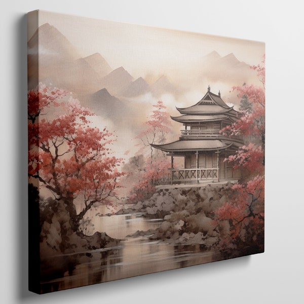 Serene Oriental Pagoda Canvas Art with Cherry Blossoms and Mountain Backdrop - Perfect for Tranquil Home Decor