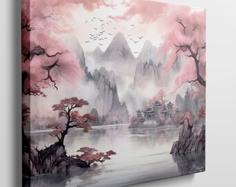 Tranquil Sakura Serenity: Traditional Asian Landscape with Blooming Cherry Trees on Canvas