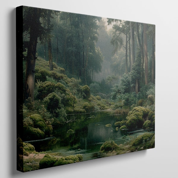 Ready to Hang Canvas Print of Serene Woodland Landscape with Tranquil Pond and Lush Greenery