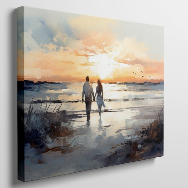 Romantic Sunset Stroll Canvas Art - Couple Walking by Sea, Vibrant Coastal Wall Art Decor