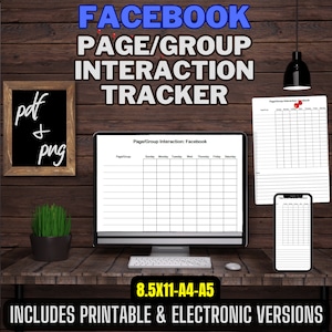 Op de afbeelding: Een digitale mockup van een printbare Facebook-pagina en groepsinteractietracker. De tracker wordt weergegeven op een computerscherm, een tablet en een smartphone. De tracker is een raster met de dagen van de week bovenaan en ruimte voor notities onderaan. De tekst "Page/Group Interaction: Facebook" staat bovenaan de tracker. De tekst "8.5X11-A4-A5" staat onder de tracker. De tekst "INCLUDES PRINTABLE & ELECTRONIC VERSIONS" staat onderaan de afbeelding.