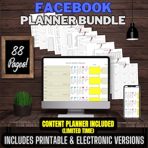 May include: A digital planner bundle for Facebook with 88 pages. The bundle includes printable and electronic versions. The image shows a computer screen displaying a social media planner, a phone displaying a content planner, and a stack of printed planner pages.