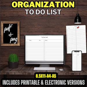 Puede incluir: Una plantilla de lista de tareas digital en una pantalla de computadora con un marco negro. La plantilla está dividida en tres columnas: Tareas, Fecha límite y Notas. La plantilla está disponible en versiones imprimibles y electrónicas. El texto en la pantalla dice "To Do List".