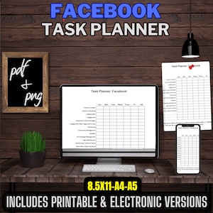May include: A digital and printable Facebook task planner with a weekly layout. The planner includes sections for content creation, scheduling, collaboration, engagement, responding to direct messages, community management, page insights, ad campaign management, monitoring trends and news, and learning more about Facebook. The planner is available in 8.5x11, A4, and A5 sizes.