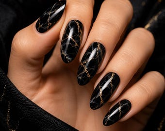 Uñas con vetas doradas de mármol negro, cromo obsidiana, terciopelo de lujo (descarga digital)