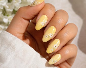 Paquete de uñas amarillo mantequilla, 5 ideas de uñas de primavera, uñas micro francesas cromadas florales, descarga digital