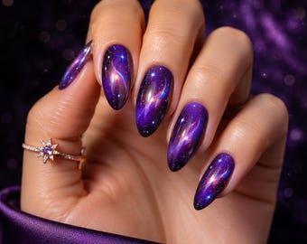 Paquete de diseños de uñas Royal Violet, 5 diseños Galaxy Aura y Amethyst Crystal Silk Flow, descarga digital