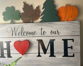 Panneau de bienvenue de saison interchangeable, art mural, décoration en bois, décoration intérieure, Saint-Valentin, Noël, automne, rustique, pendaison de crémaillère faite à la main.