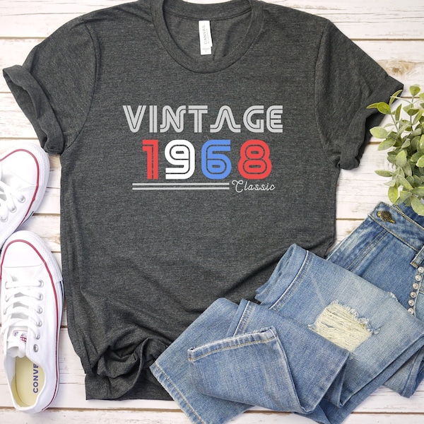 Vintage 1968 Classic T-Shirt, Retro Birthday Gift, Colorful Typography Unisex Tee, Red White Blue Patriot