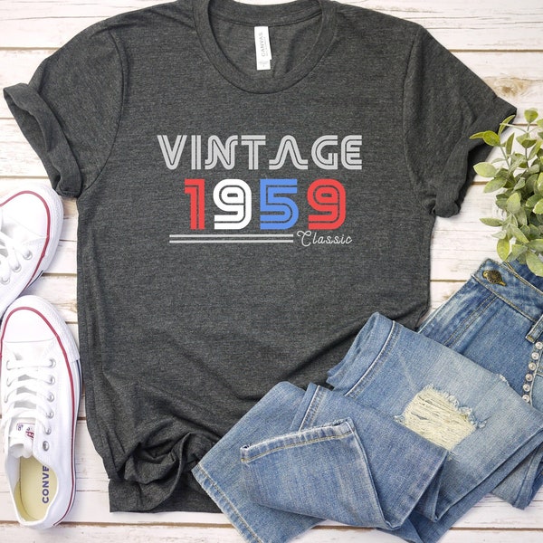 Vintage 1959 Classic Retro Birthday Year T-Shirt, Bold Typography Graphic Tee, Unisex, Red White Blue Patriot