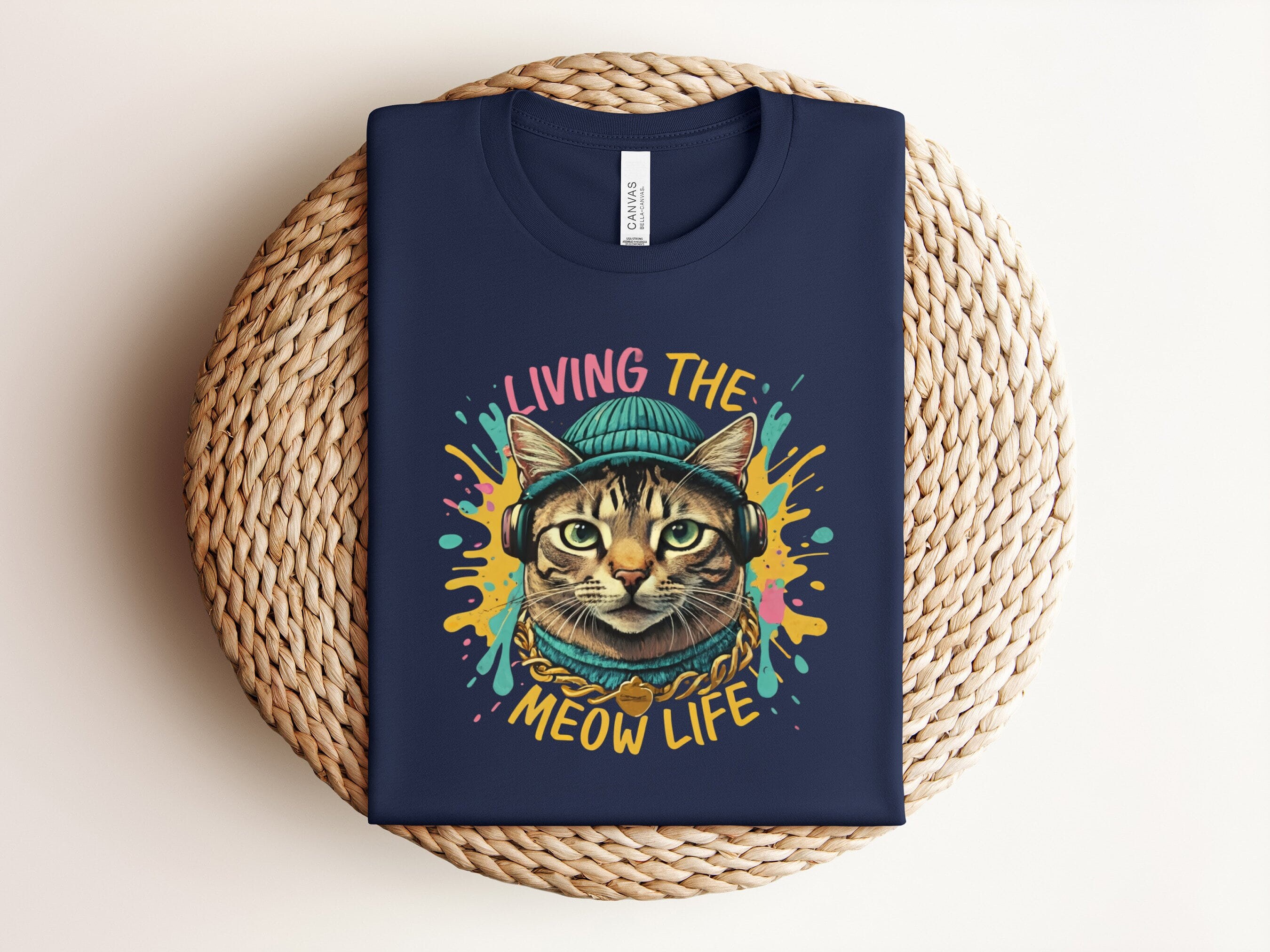 Cat Lover T-shirt, Living the Meow Life, Hipster Cat With