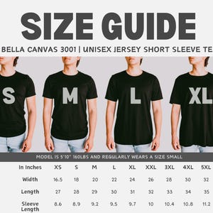 以下が含まれることがあります： Bella Canvas 3001 ユニセックスジャージー半袖Tシャツのサイズチャート。チャートは、XSから5XLまでのサイズについて、幅、長さ、袖丈をインチで示しています。