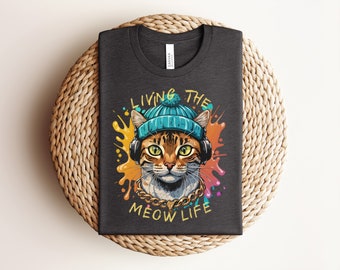 Cat T-Shirt with Headphones and Beanie, Hipster Cat Shirt, Cool Cat Tee, Living the Meow Life, Unisex Graphic Tee for Cat Lovers