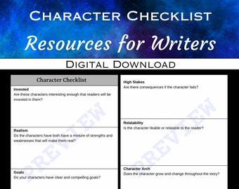 Character Checklist - Digital Download - Novel / Story Outline Page - Author Planning / Revising Resource