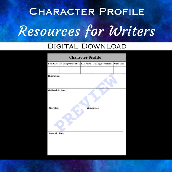 Character Profile Reference Sheet- Digital Download - Novel / Story Outline Page - Author Planning / Revising Resource