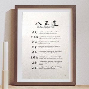 The Noble Eightfold Path printed on Japanese Washi paper, Japanese+English, Meditaion poster, Zen quote print, Japanese gift