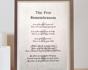 Los Cinco Recuerdos impresos en papel washi japonés, póster de meditación, impresión de cita zen, regalo japonés