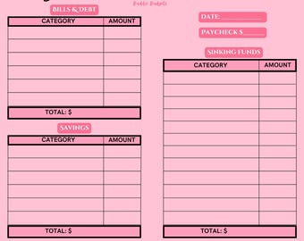 Könnte beinhalten: Rosa Wochenbudgetplaner mit Abschnitten für Rechnungen, Ersparnisse und Geldbörsenausgaben. Enthält einen Kassenzettel zur Bargeldverfolgung. Der Text "WEEKLY BUDGET" steht oben.