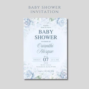 Convite para chá de bebê com estampa floral azul – Convite elegante para imprimir para chá de bebê de menino