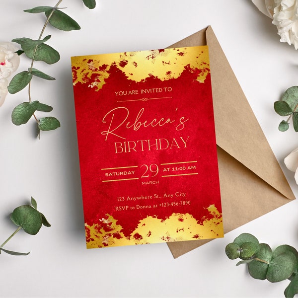 Elegant Red and Gold Birthday Digital Invitation - Editable and Customizable