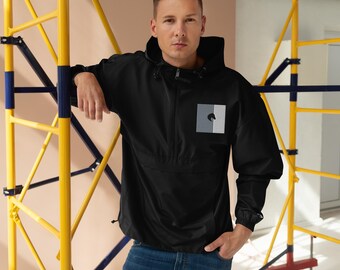May include: A black hooded windbreaker jacket with a zipper closure and a small patch on the left chest. The patch is gray with a black design.