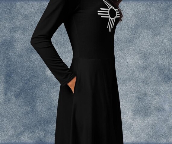 Long Sleeve Midi Dress With Pockets: Fitted Waist, Flared Skirt - Etsy