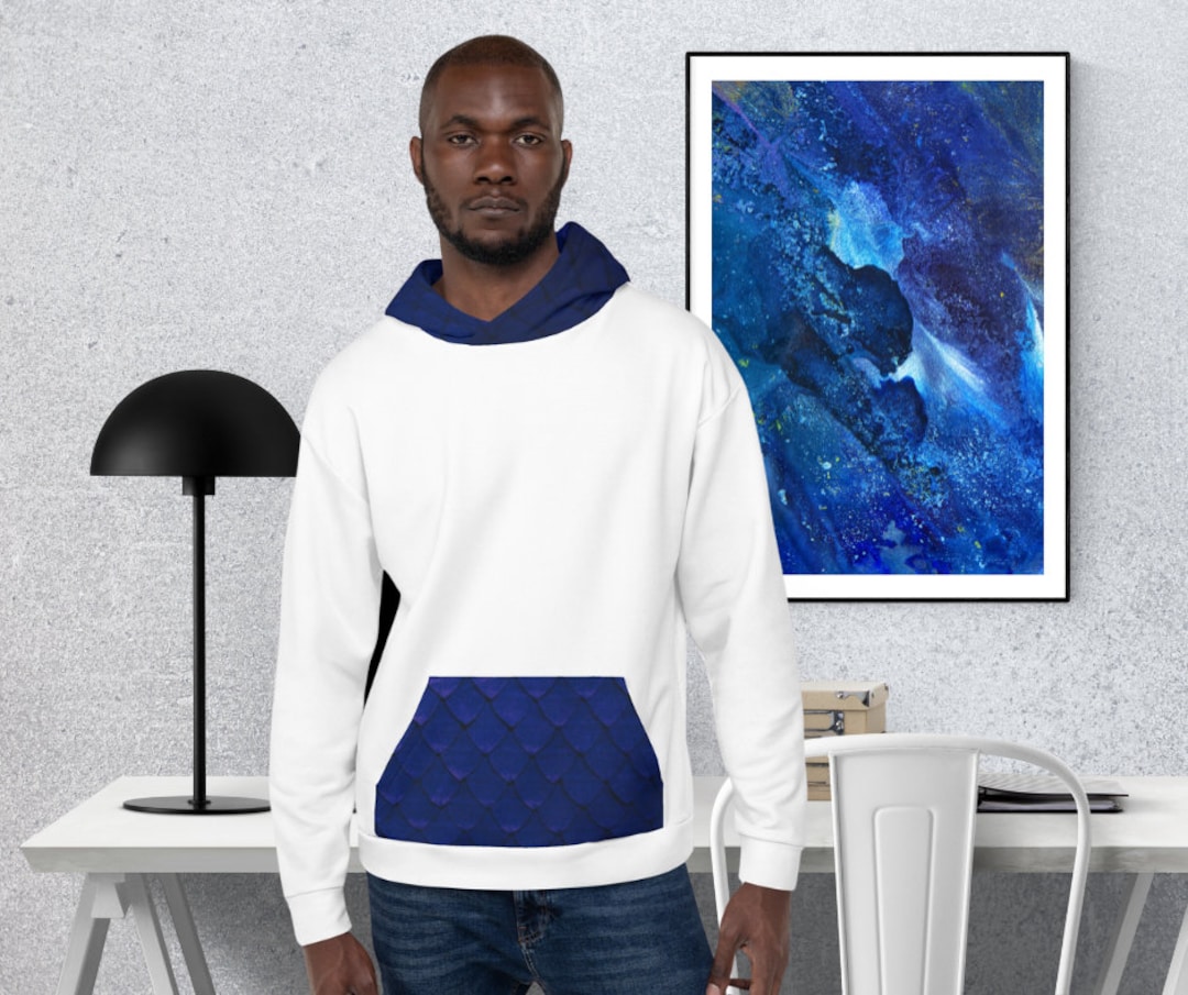 Mens White and Blue Hoodie Mens Pullover Hoodie Comfortable Hoodie for ...