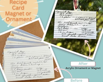 May include: A handwritten recipe card for Apricot Bars, with ingredients and instructions, is shown before and after being turned into an acrylic ornament or magnet. The recipe card is on a stack of similar cards, and the ornament is hanging from a tree branch.