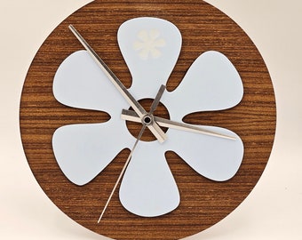 MCM-inspired Retro Wall Clock - Pastel Blue Flower w/ Silent Mechanism