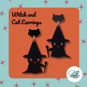 Black Witch and Cat Earrings – Halloween Dangle Jewelry