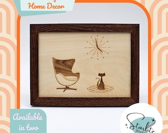 Mid-Century Modern Cat Art: Eames Chair Inspired, Framed Wood Engraving